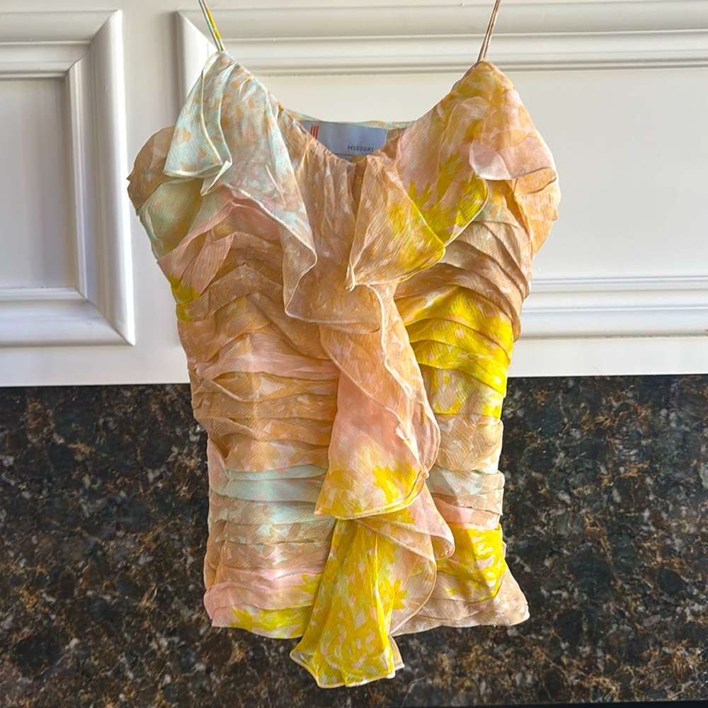 Missoni Ruched Chiffon multicolored Print Ruffle Top sz.XS